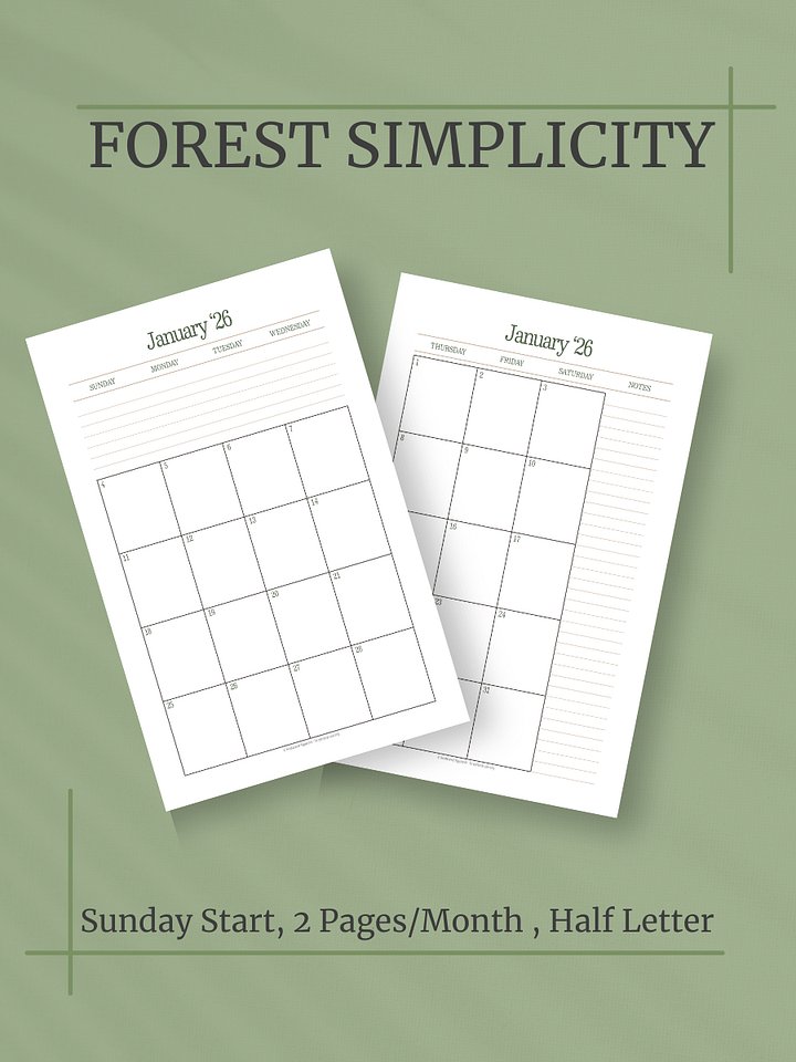 Forest Simplicty 2026 Calendar - 2 Pages per Month, Sunday Start, Half Letter Size product image (1)