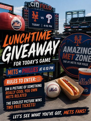 🚨🌭 LUNCHTIME GIVEAWAY ALERT! 🍎⚾️

Who’s ready for some FREE baseball at Citi Field?! We’ve got 2 tickets up for grabs for tod...