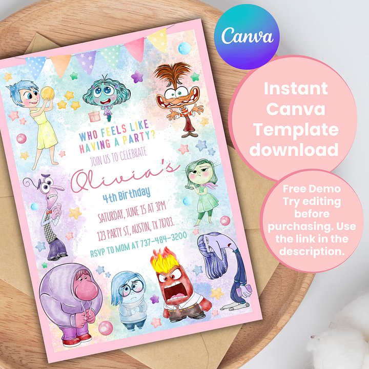 Editable Canva Template: Inside Out 2 Emotions Adventure Birthday Invitation - Joyful Inside Out Theme product image (1)