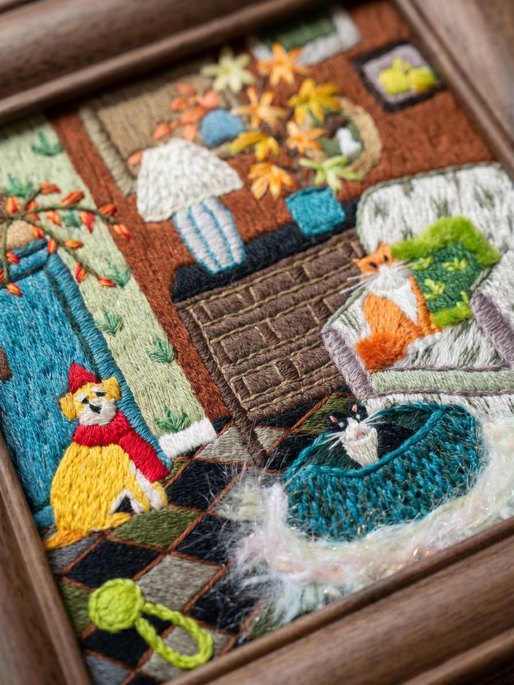 Fireside Best Friends Cat & Dog Embroidery Ready to Hang Framed Textile Masterpiece product image (3)