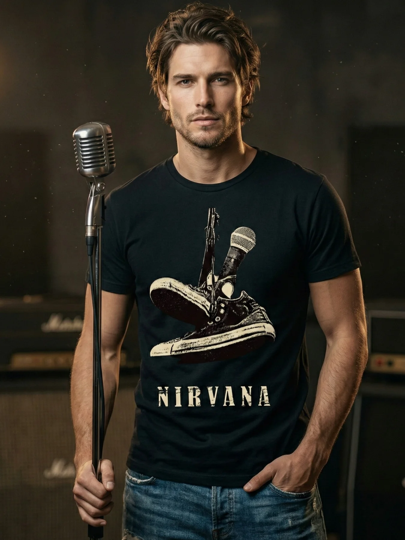 Nirvana Converse Microphone T-Shirt | Nevermind Grunge Graphic Tee | Kurt Cobain 90s Collector Band Shirt product image (1)