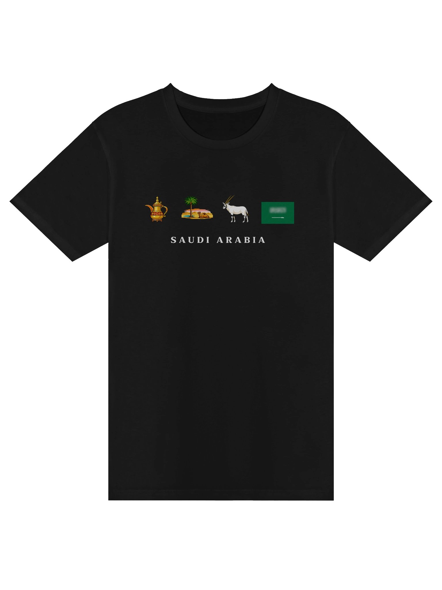 Saudi Arabia Heritage Black T-Shirt | White Antelope, Curved Vessel & Oasis Shade Graphic on Premium Cotton product image (1)
