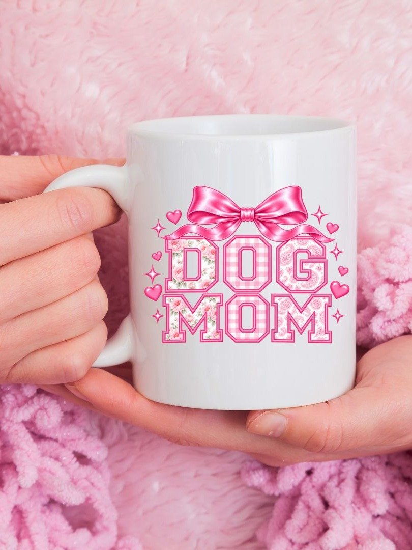 Coquette Dog Mom Mug | Pink Bow Floral Varsity Dog Mom Cup product image (1)