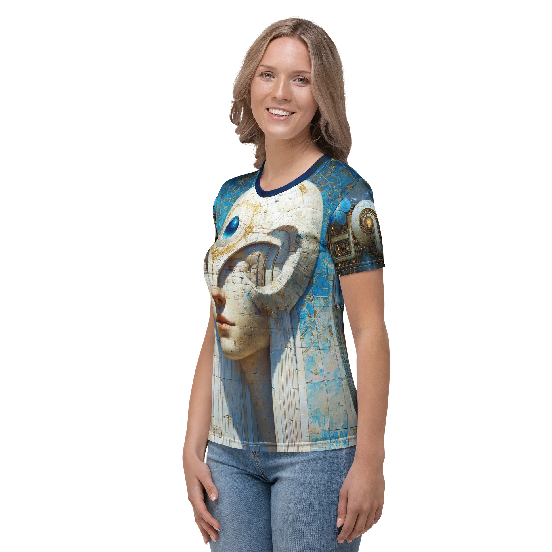 Vitruvian Custodian — Techno-Classical Relic Portrait T-Shirt | Ancient Circuit Figure in Blue & Stone product image (4)