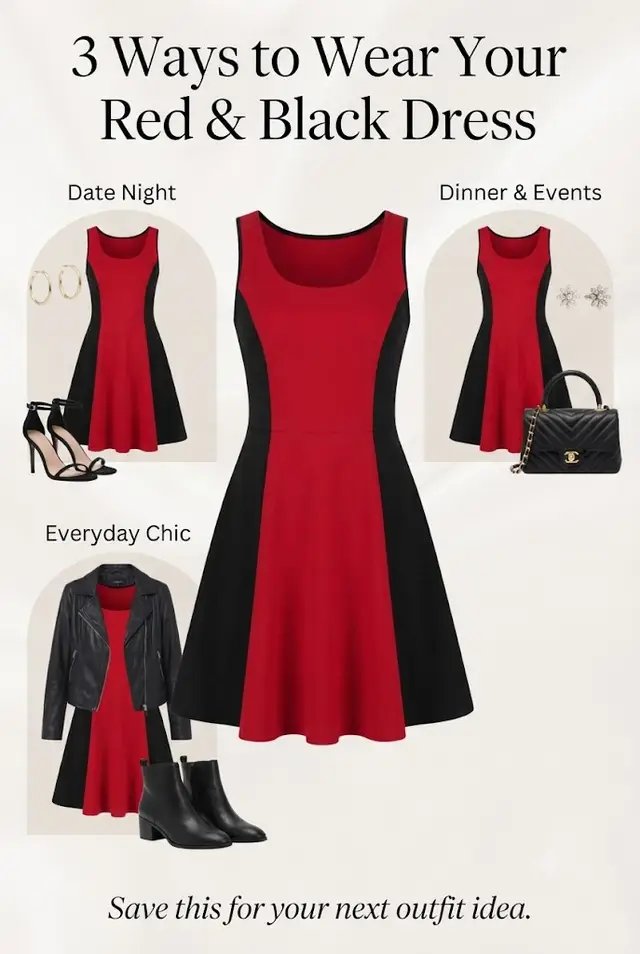 The 3-Ways Styling Focus 3 ways to style the ultimate red & black dress: from date night to everyday chic with a leather jacket. Which look is your favorite? ✨ Grab yours before it's gone | link by DM! #redandblackdress s #BookishBabeStudio #booktok #darkromance  #datenightoutfit 