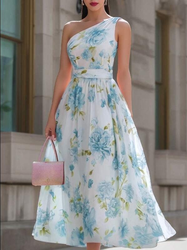 Shop the EMERY ROSE Pink Asymmetrical Peony Print Chiffon Long Dress at ADLEST. Perfect elegant vacation and summer outfit for weddings, parties, and daily wear. product image (5)
