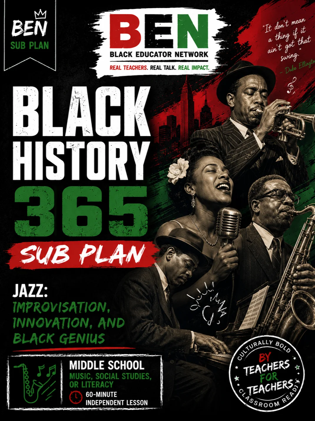 Black History 365 Sub Plan: Jazz: Improvisation, Innovation, and Black Genius| Middle School Music| 60-Minute Lesson product image (1)