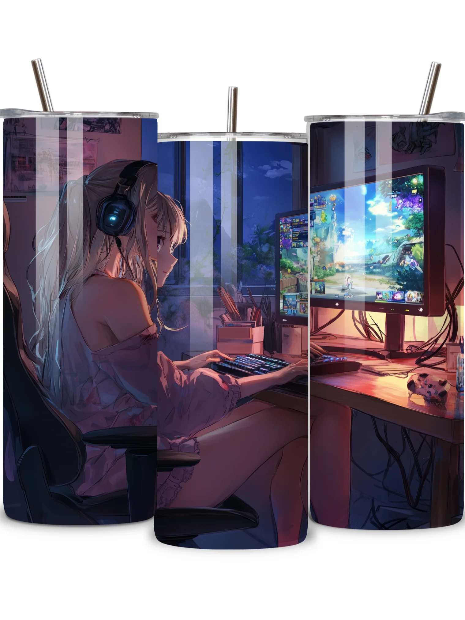 Anime Gamer Girl 20oz Skinny Tumbler with Metal Straw – Vibrant Gaming Setup Design – Double-Walled Insulated Stainless Steel Tumbler Gift for Anime and Gaming Fans (Anime Girl 1) product image (2)