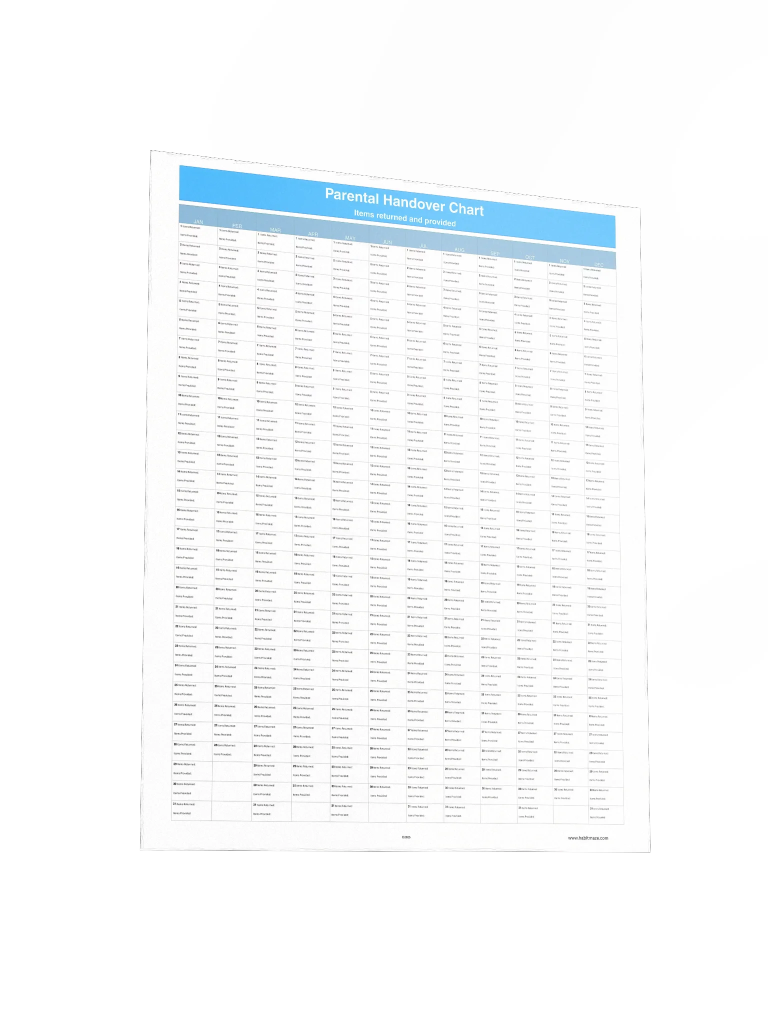 Parental Handover Chart ( 1 Year ) product image (4)