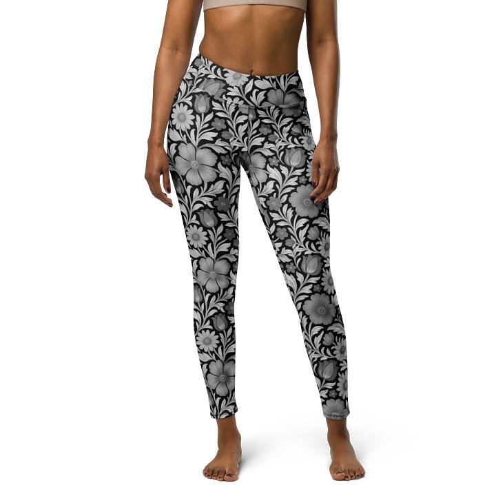 Cottagecore Black Floral Yoga Leggings with Boho Botanical Pattern product image (1)