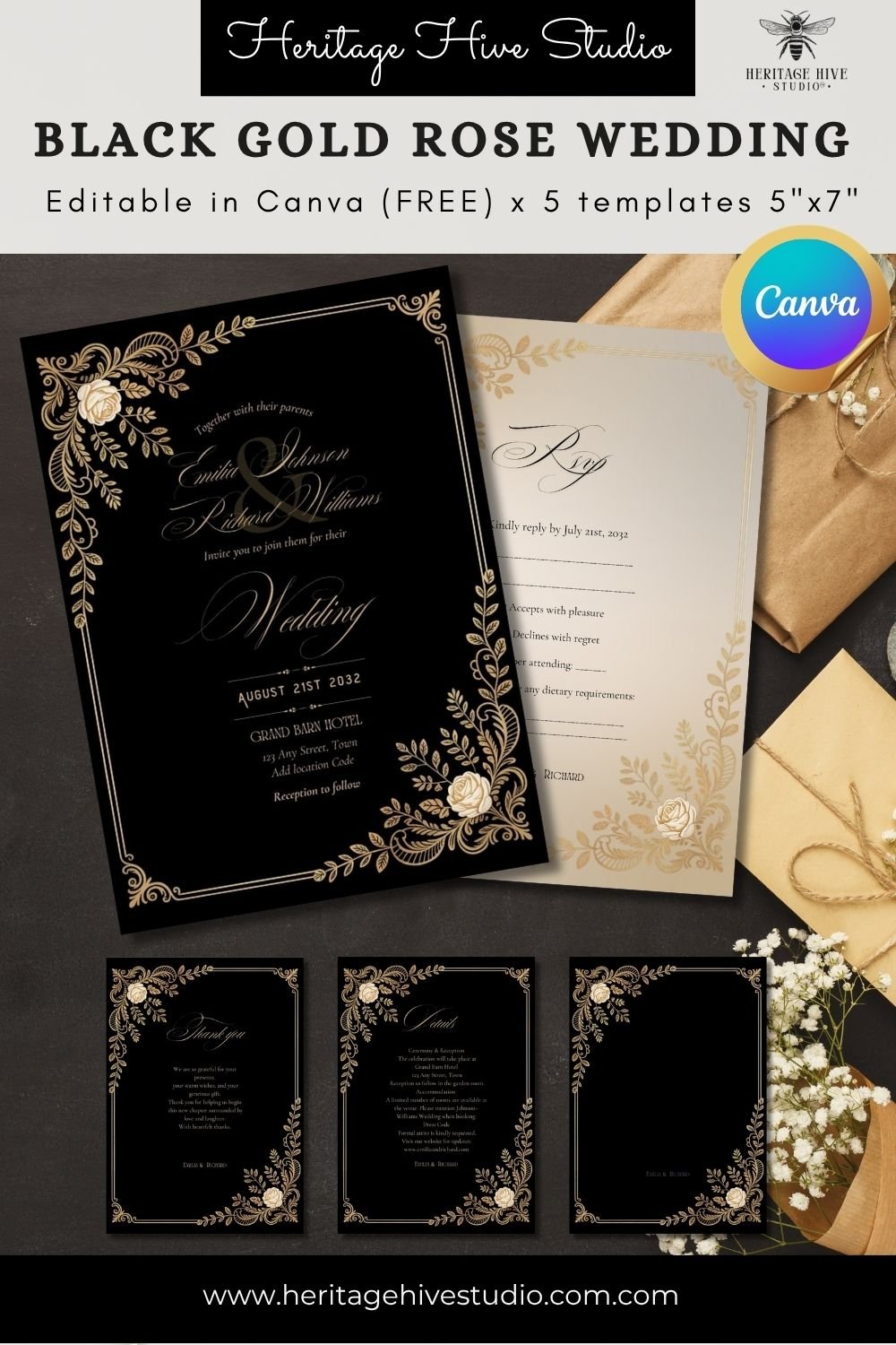 Editable Vintage Wedding Invitations | Edit in Canva | Instant Download Template | Black Gold Floral Rose product image (1)