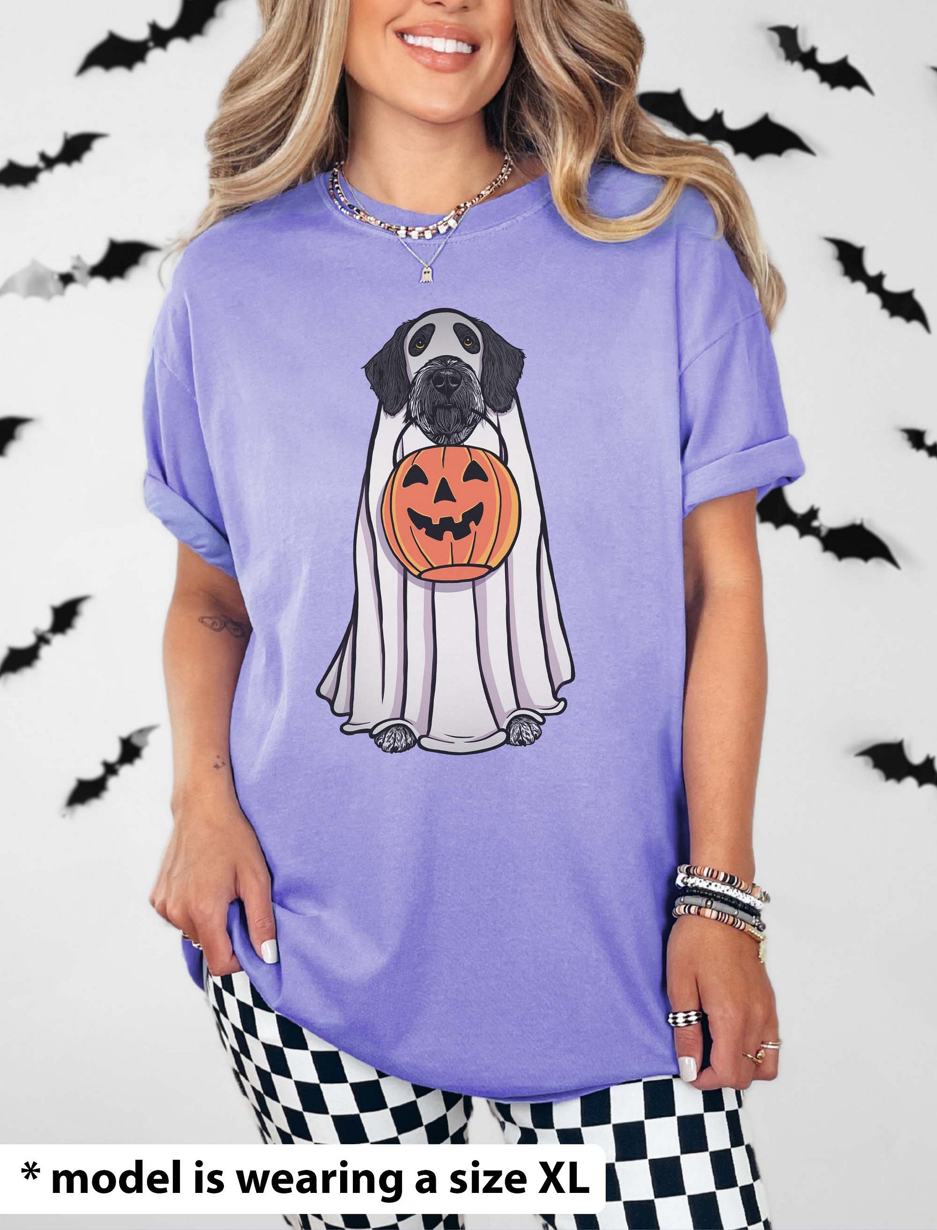 Funny Halloween German Wirehaired Pointer(Black) T-Shirt | Funny Dog Wearing a Ghost Costume and Holding a Pumpkin Basket product image (23)