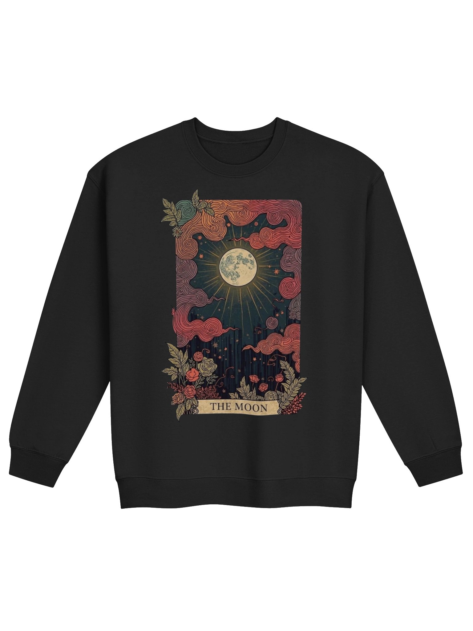 The Moon Tarot Crewneck Sweatshirt, Mystical Lunar Graphic with Swirly Clouds product image (4)