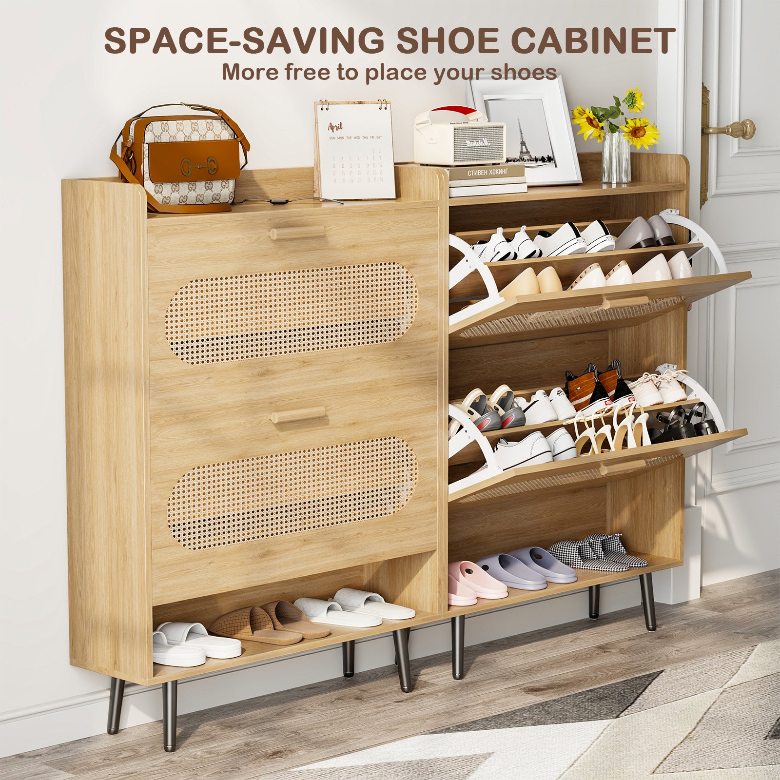 Shoe Cabinet with Natural Rattan Flip Drawers for Entryway Free Standing Slim Shoe Storage Organizer with 2 Flip Drawers Natural product image (5)