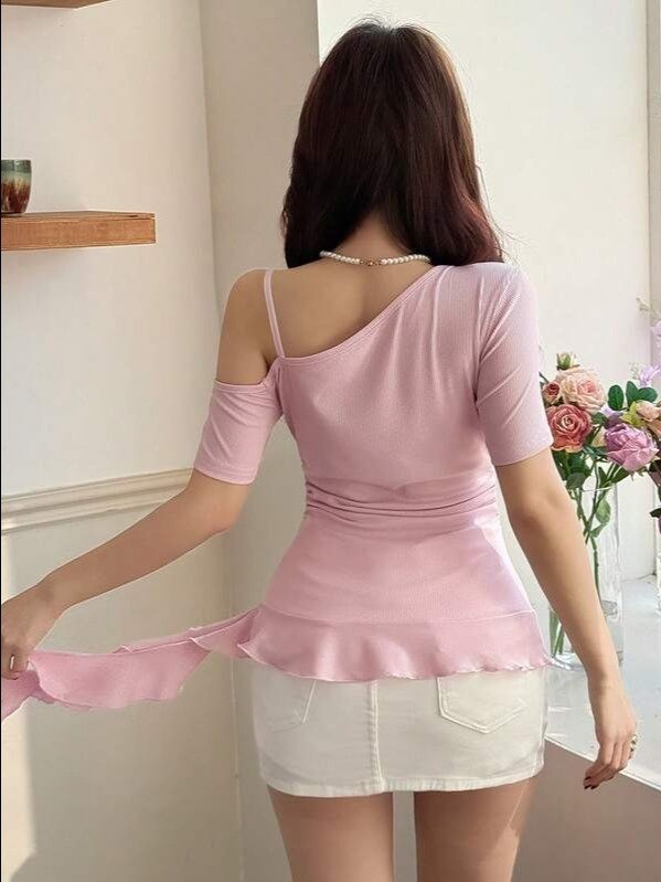 3D Butterfly Appliqué Cold Shoulder Ruffle Hem Blouse — Apricot Rib Knit product image (2)