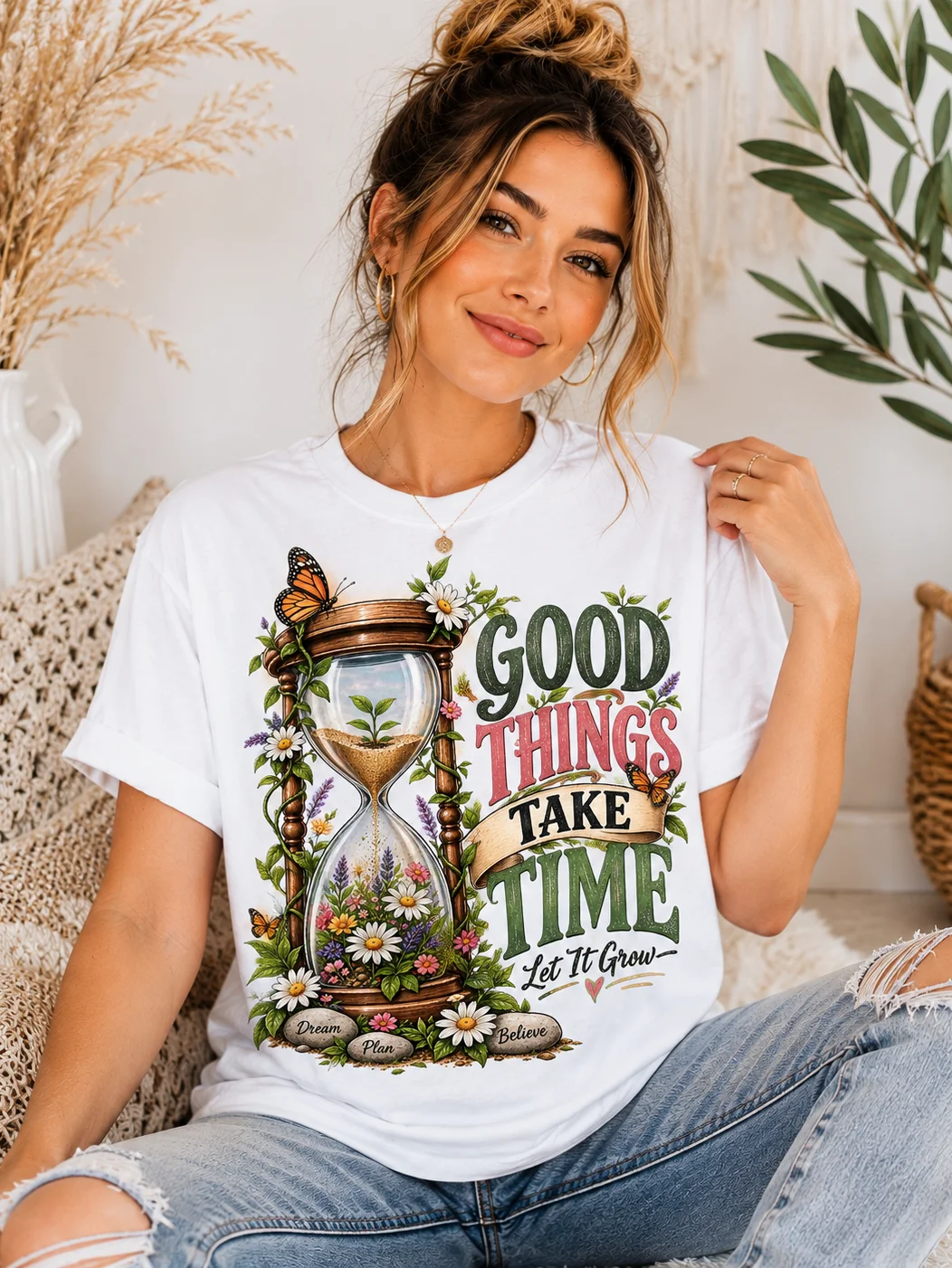 Good Things Take Time T-Shirt | Floral Hourglass Motivational Tee | Let It Grow Positive Mindset Shirt for Women product image (12)
