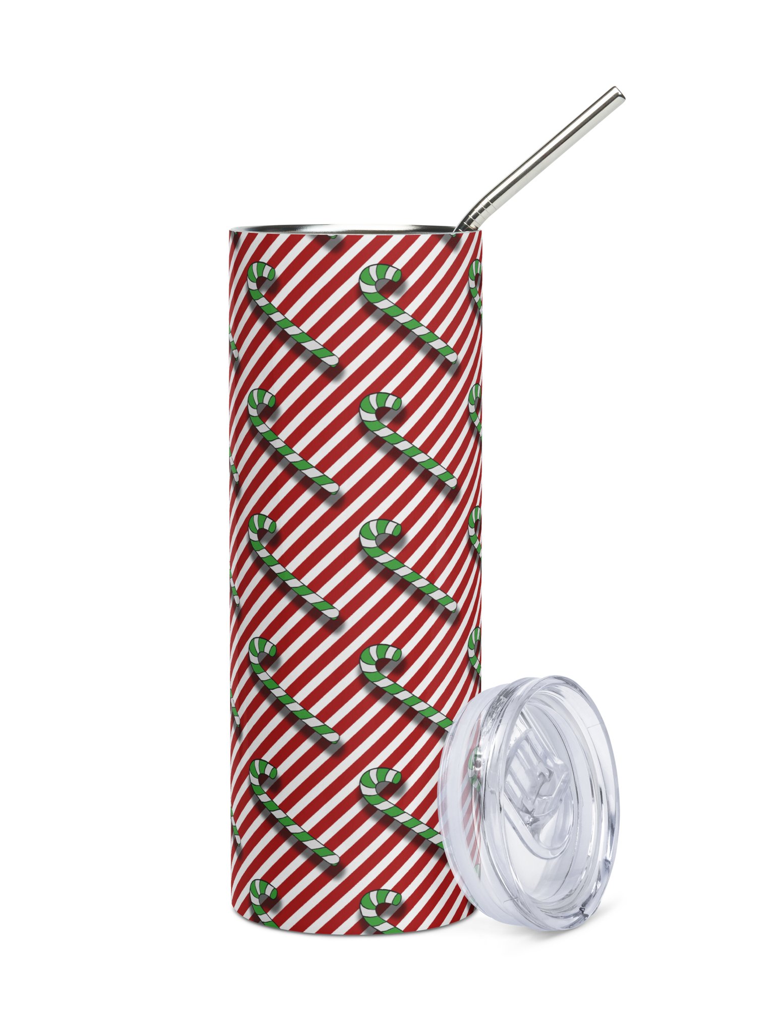 Green Candy Canes on Red Stipe Stainless Steel Tumbler with Straw product image (1)