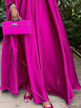 Women's Elegant Satin Pleated Maxi Dress, Stand Collar Long Sleeve Evening Party Dress, Loose Fit Autumn Wedding Guest Cocktail Gown product image (10)