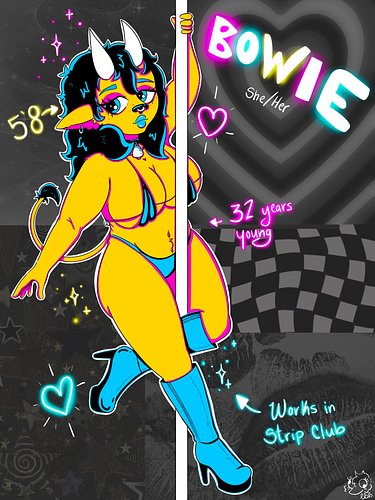 The new ref sheet for Bowie (For Art Fight) compared to the very first drawing of her. It's so crazy to see the difference in...