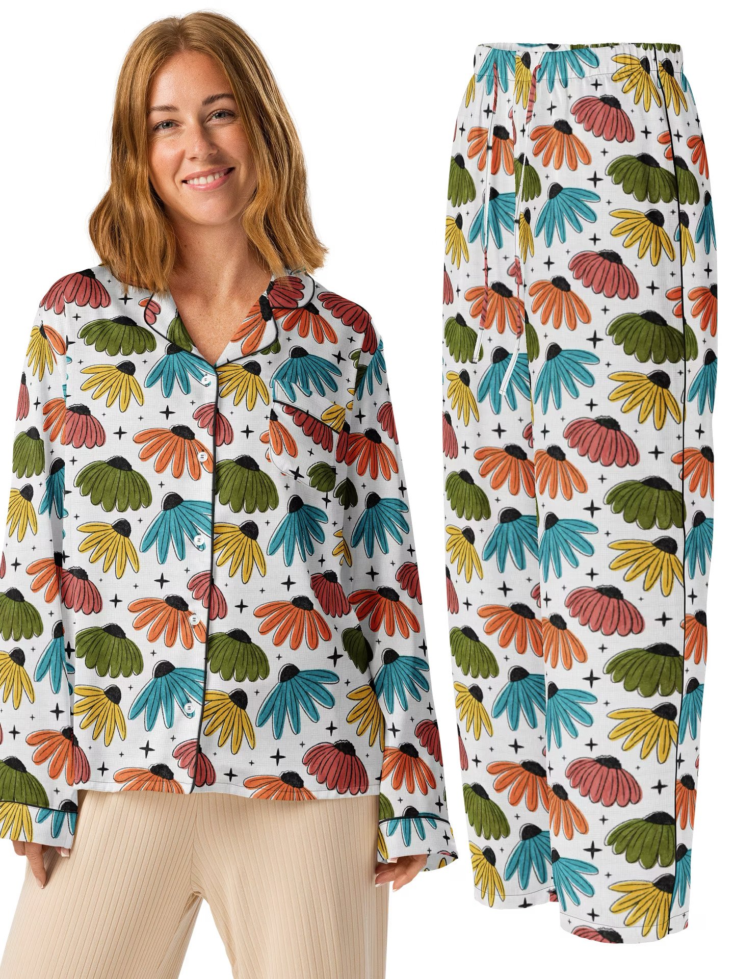 Retro Halftone Coneflowers Ladies Long Sleeve Pajamas Set product image (1)