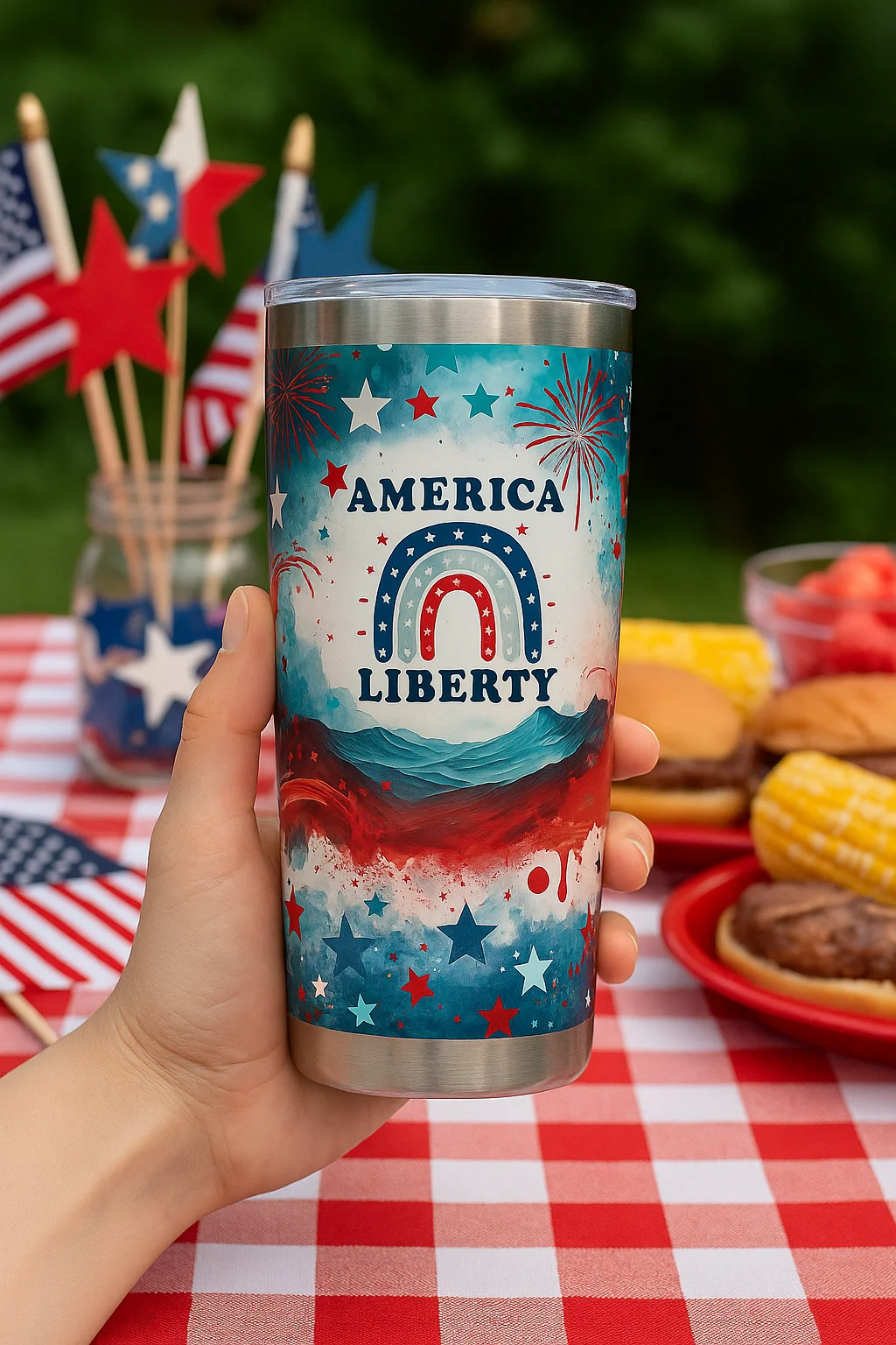 Patriotic Liberty Tumbler Wrap PNG | 20oz America Sublimation Design | Red White Blue Fireworks | 4th of July Digital Download product image (3)