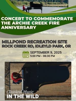 Join us for an Outdoor Concert to Commemorate the 5th Anniversary of the #archiecreekfire  Forest Bridges has teamed up with Jane Ratzlaff, Family Development Center, and IN A LANDSCAPE: Classical Music in the Wild™ to commemorate the 5th Anniversary of the Archie Creek Fire, one of five megafires that burned over 1 million acres of Bureau of Land Management O&C, USDA Forest Service, State and private forests during the 2020 Labor Day Fires across western Oregon, creating severe ecological, economic and community impacts. This concert will be performed by In a Landscape pianist Hunter Noack and take place at the Millpond Recreation Site, where the Archie Creek Fire swept over 125,000 acres of forests in Douglas County, destroying 154 homes and leaving more than 50% of acres burned in a state of unrestored stand replacement conditions. Located at an old logging mill pond along Rock Creek, Millpond Recreation Site is surrounded to this day by a scorched forest. The BLM has conducted some recreational site and stream restoration work - and the site will be accessible and safe for this public concert. Get an up-close look and learn about the remnants of high-severity wildfire in the heart of western Oregon’s logging and recreation country, and the ancestral land of the Confederated Tribes of Siletz Indians, Confederated tribe of Grand Ronde, and the Cow Creek Band of Umpqua Tribe of Indians. Forest Bridges will also share with concert attendees how its policy efforts stand to shift the O&C Lands management paradigm to restore and sustain the health and fire resilience of O&C forest ecosystems and their plant and animal species, while providing sustainable ecosystem services, boosting rural forest-reliant economies, protecting the health and well-being of people in western Oregon, and assisting O&C counties that rely on timber receipts to fund vital community services. For more information, and to buy tickets, please visit: https://aftontickets.com/event/buyticket/z59r7qzzjq #inalandscape  #hunternoack  #steinway  #classicalmusicinthewild  #outdoorconcert  #livemusic  #pianist