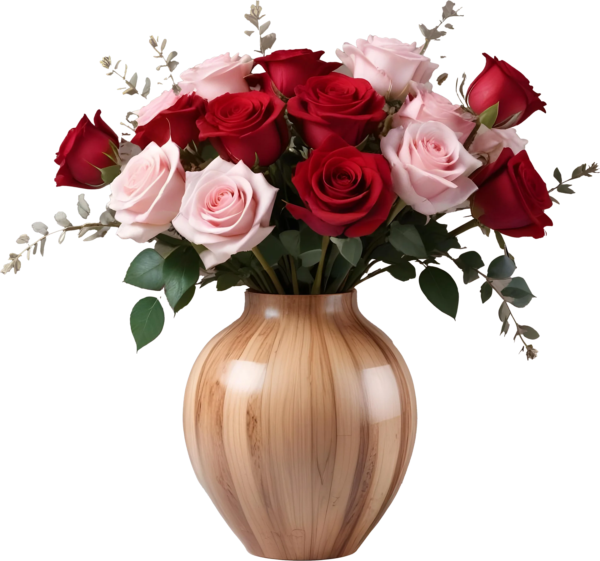 Natural Wooden Vase with Red and Pink Roses PNG product image (1)