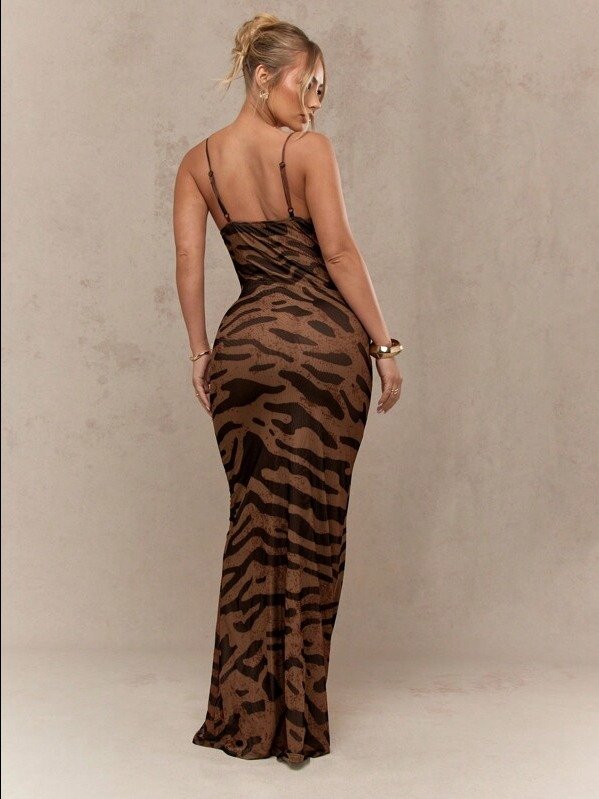 ADLEST Zebra Print Maxi Cowl Neck Spaghetti Strap Bodycon Floor Length Evening Gown product image (2)