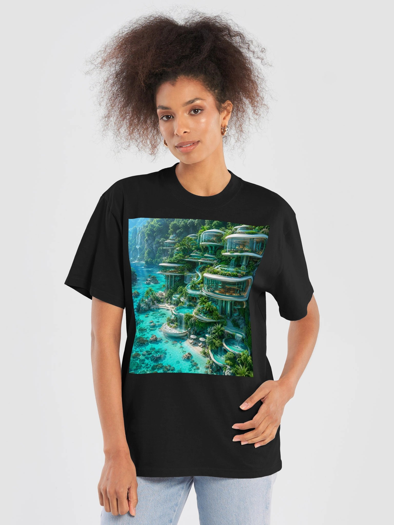 Escape into a futuristic tropical paradise with this turquoise eco-futurism t-shirt featuring sleek glass resorts, lush jungle, waterfalls, infinity pools, and crystal-clear island waters. Designed fo product image (5)