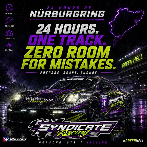 24 hours. One track. Zero room for mistakes.

The Green Hell is waiting 🌧️🔥

Syndicate Racing takes on the Nürburgring in the...