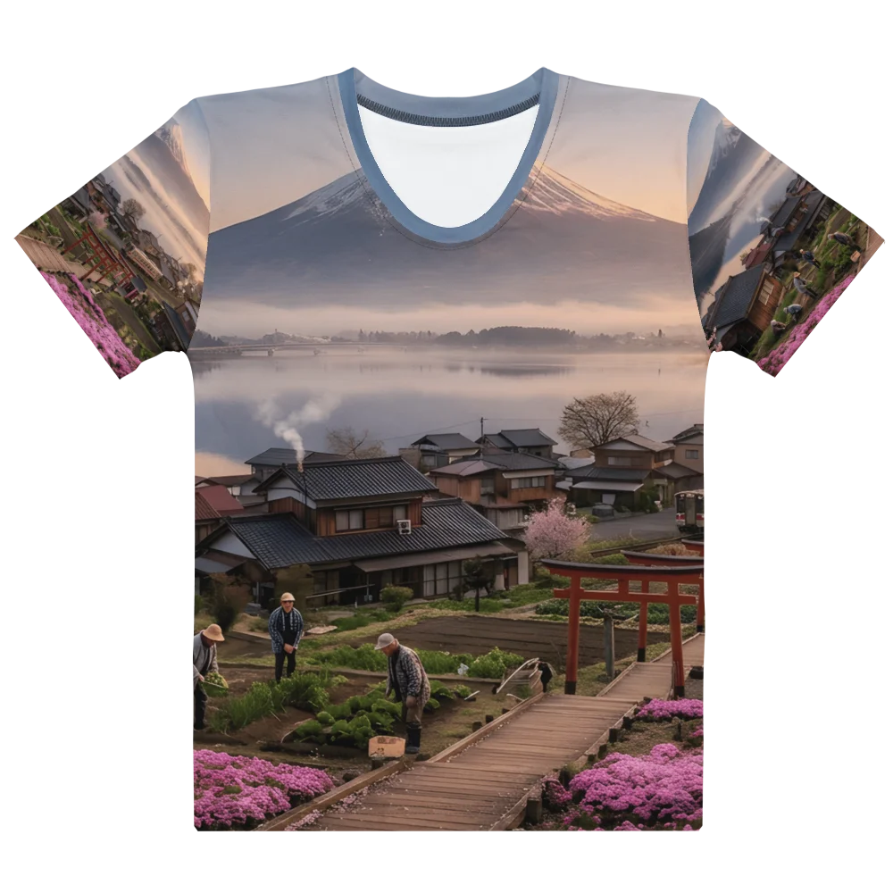 Mount Fuji Village Pink Moss Women’s Cotton Crew Neck T-Shirt product image (1)