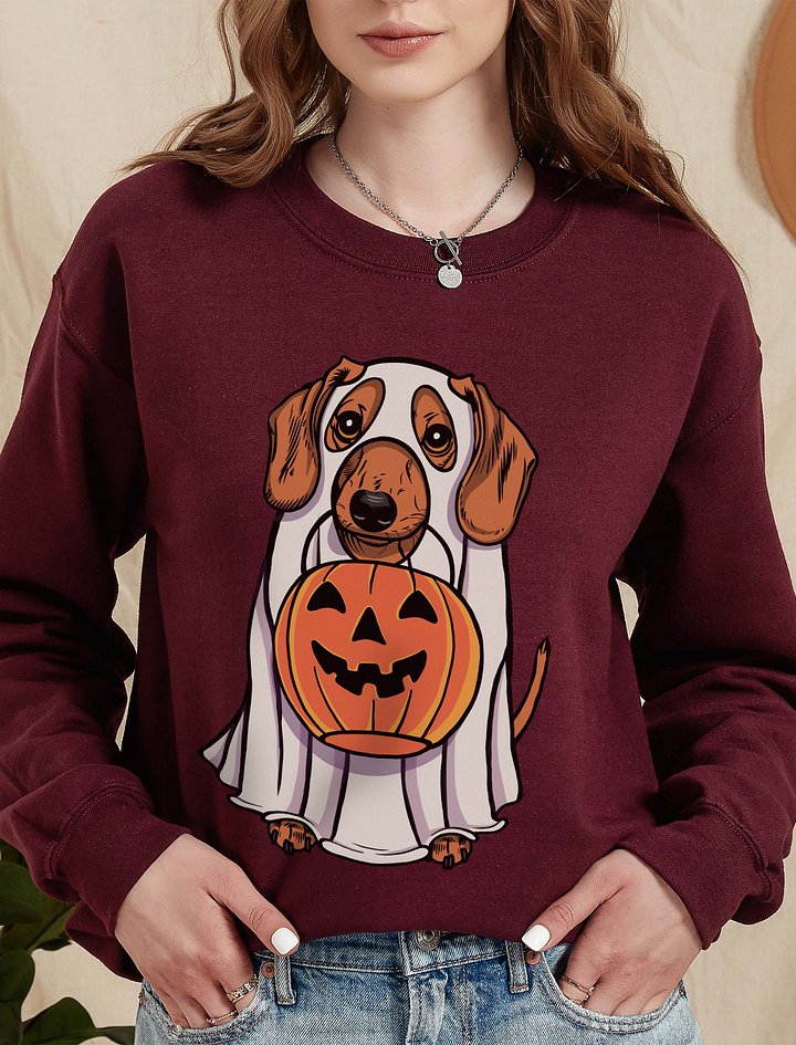 Funny Halloween Dachshund(Tan) Sweatshirt | Funny Doxie/Wiener Wearing a Ghost Costume and Holding a Pumpkin Basket product image (2)