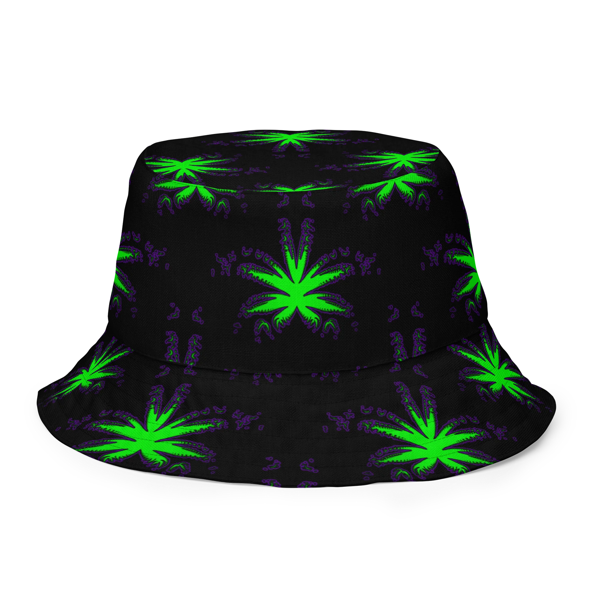 Cannabis Reversible Bucket Hat, 420 Rave Stoner Accessory, Pot Leaf Pattern Festival Fashion, Black Neon Green Purple Weird Weed Art product image (6)
