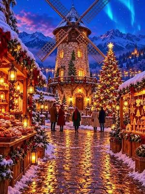 A Christmas Windmill Village Under the Northern Lights