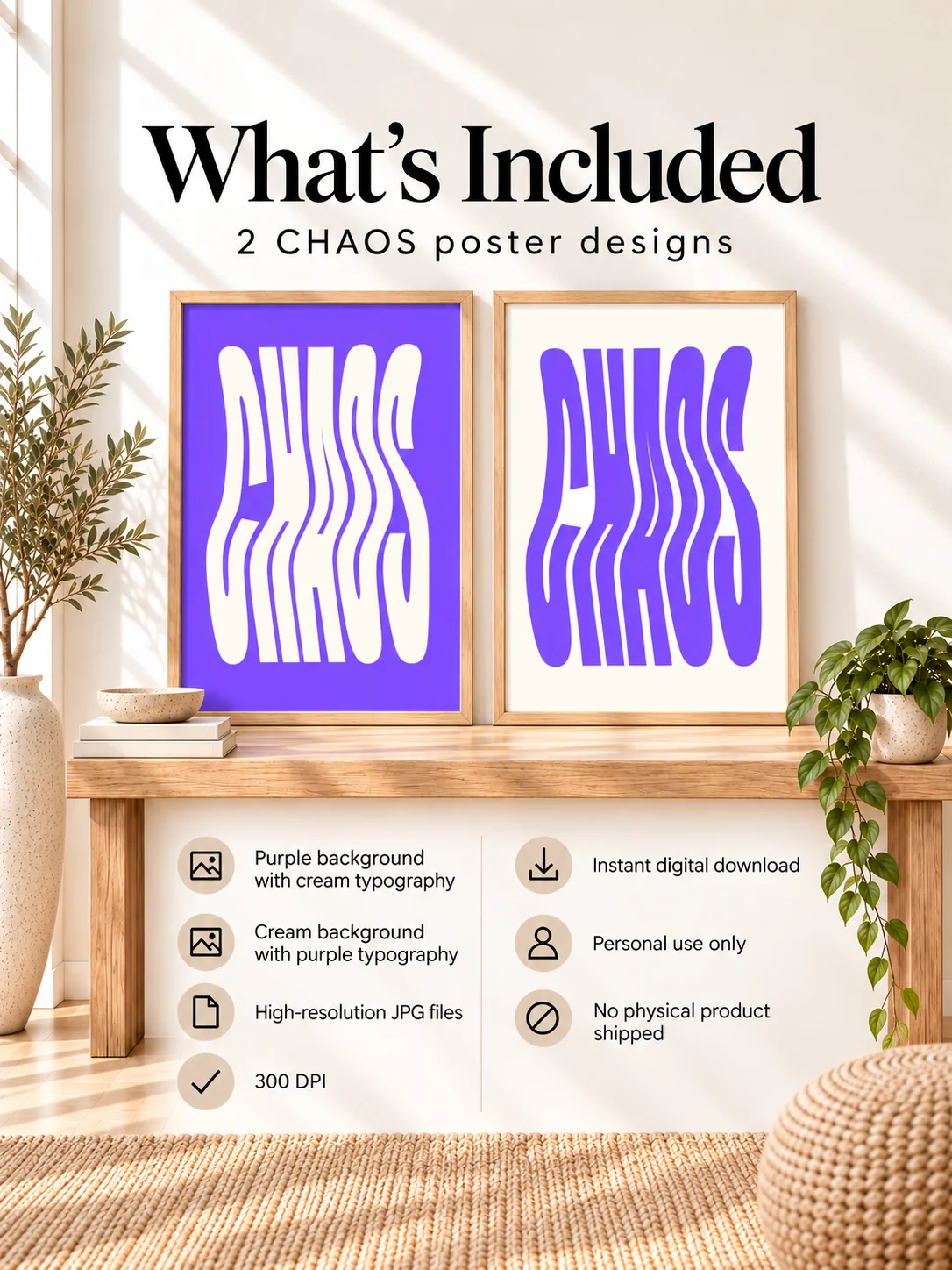 CHAOS Wavy Typography Poster Set Purple Cream Retro Printable Wall Art Y2K Psychedelic Minimalist Digital Download Dorm Decor product image (2)