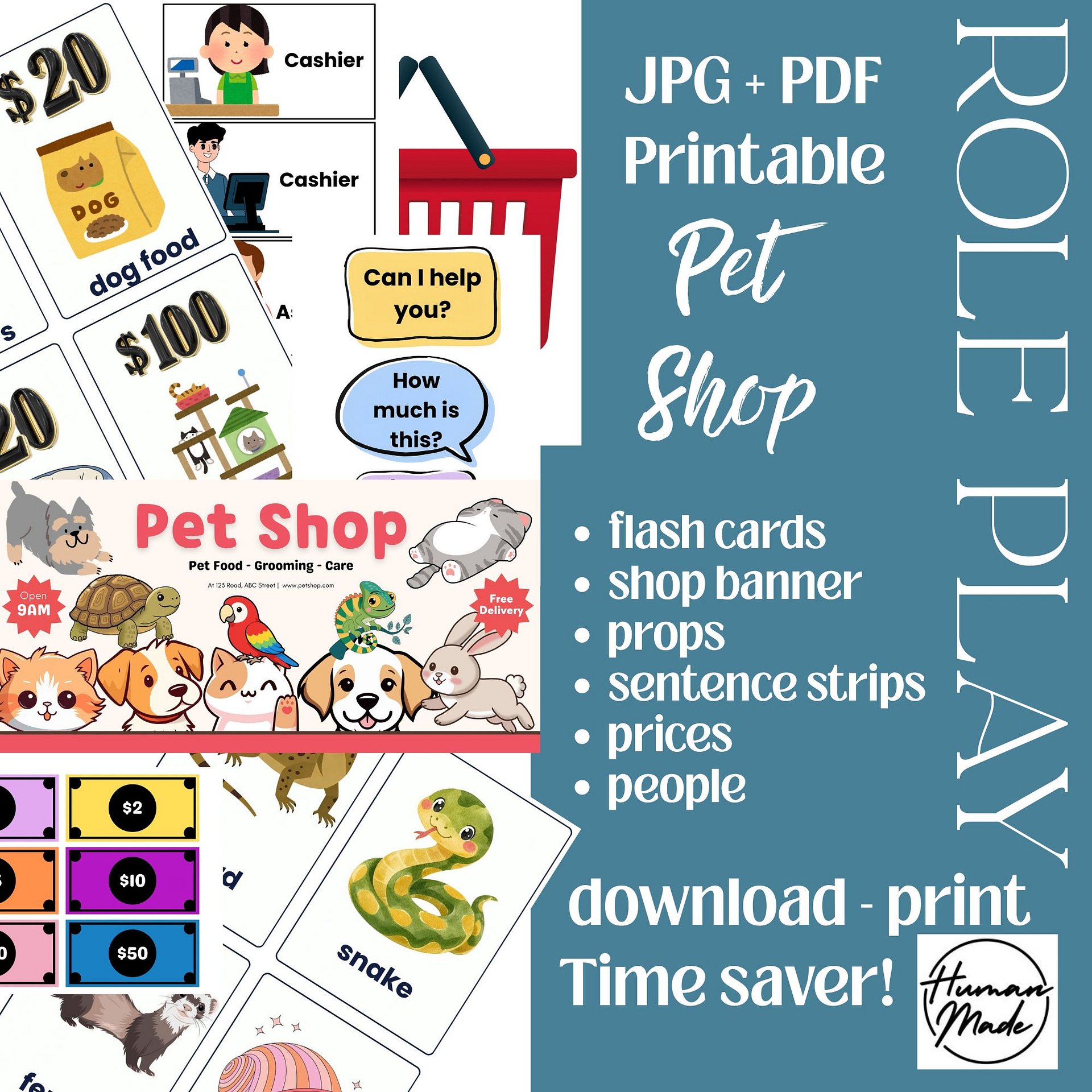 Role Play at the Pet Shop Printable Flash Cards Sentences Props Drama ESL Maths product image (1)