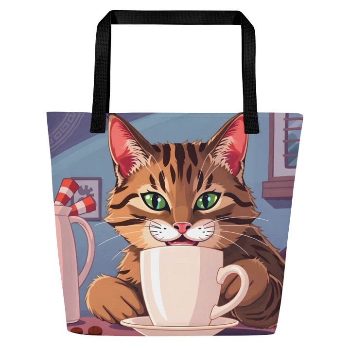 Large Tote Bag w/ Pocket-Caffeine Cat product image (1)