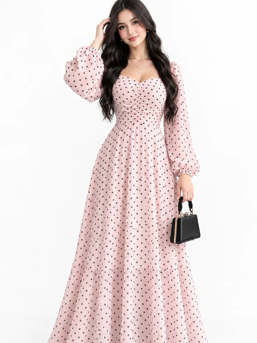 Modelyn Spring/Autumn Polka Dot Cinched Cinched Waist Elegant Fashionable Flared Long Dress Brunch Tea Party Light Pink product image (1)