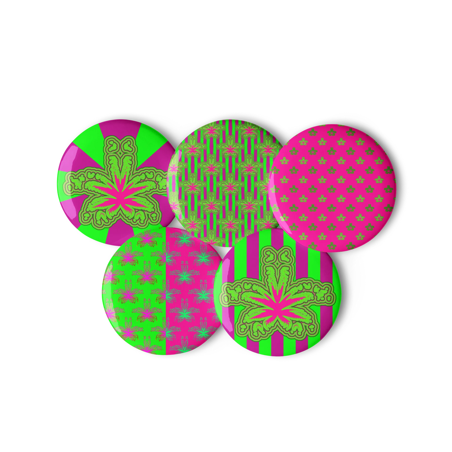 Neon Green Hot Pink Pot Leaf Pins, Stoner Circus Cannabis Art Pin Button Set product image (3)