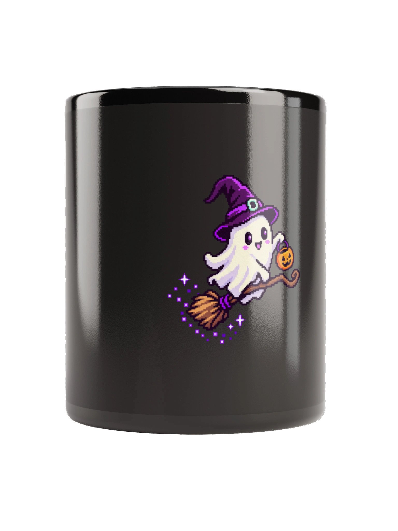 Broom Riding Pumpkin Ghost — Black Glossy Mug product image (1)