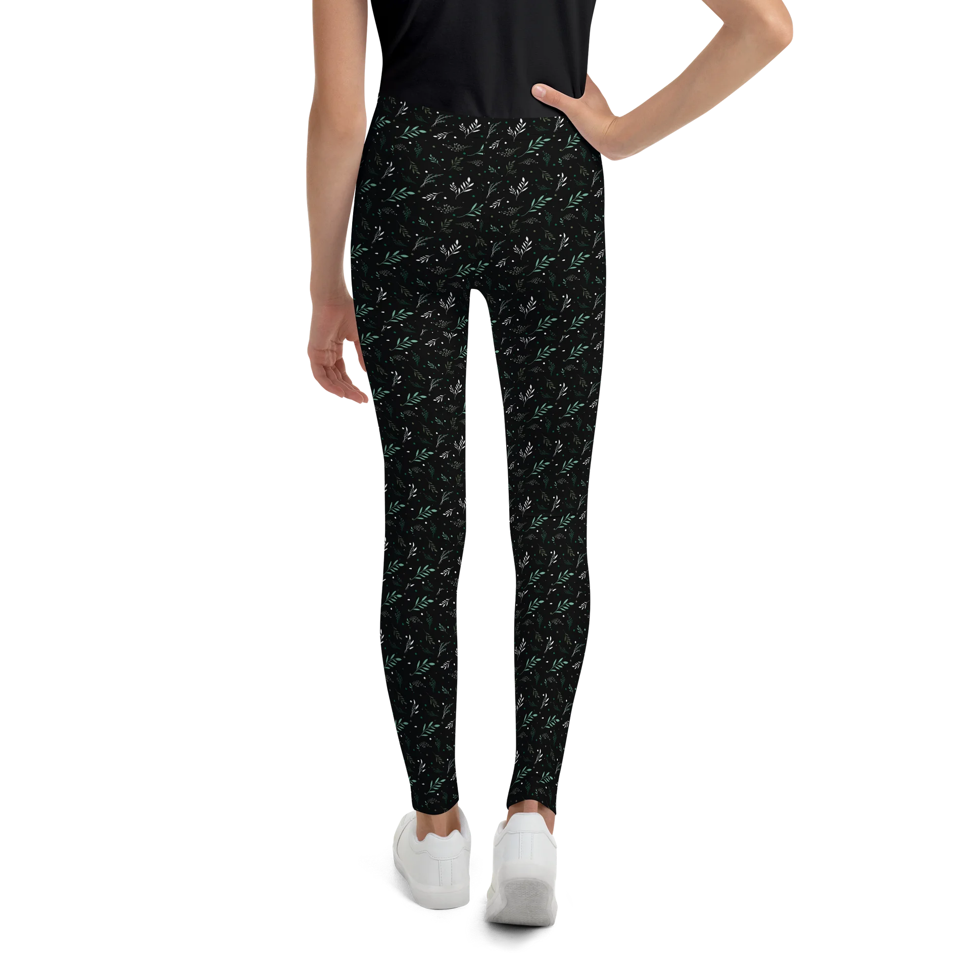 Dark Green Leaf All-Over Print Youth Leggings product image (3)