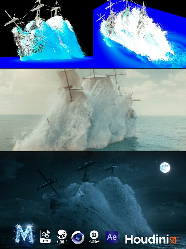 Houdini Pirate Ship Ocean Breach Flip Fluid Project File (.Hip File) product image (1)