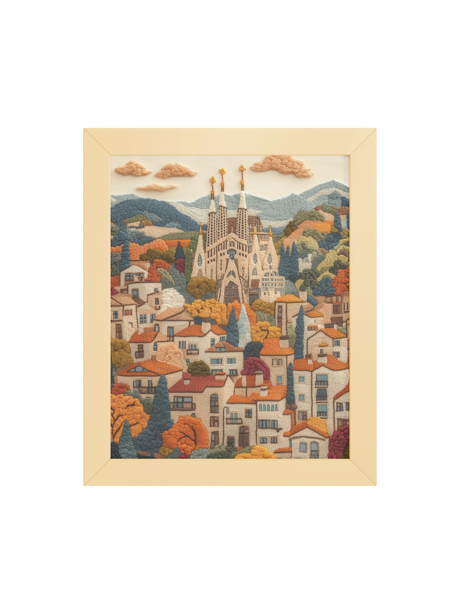 Barcelona in Stitches | Embroidery-Style Wall Art — Framed Print product image (25)