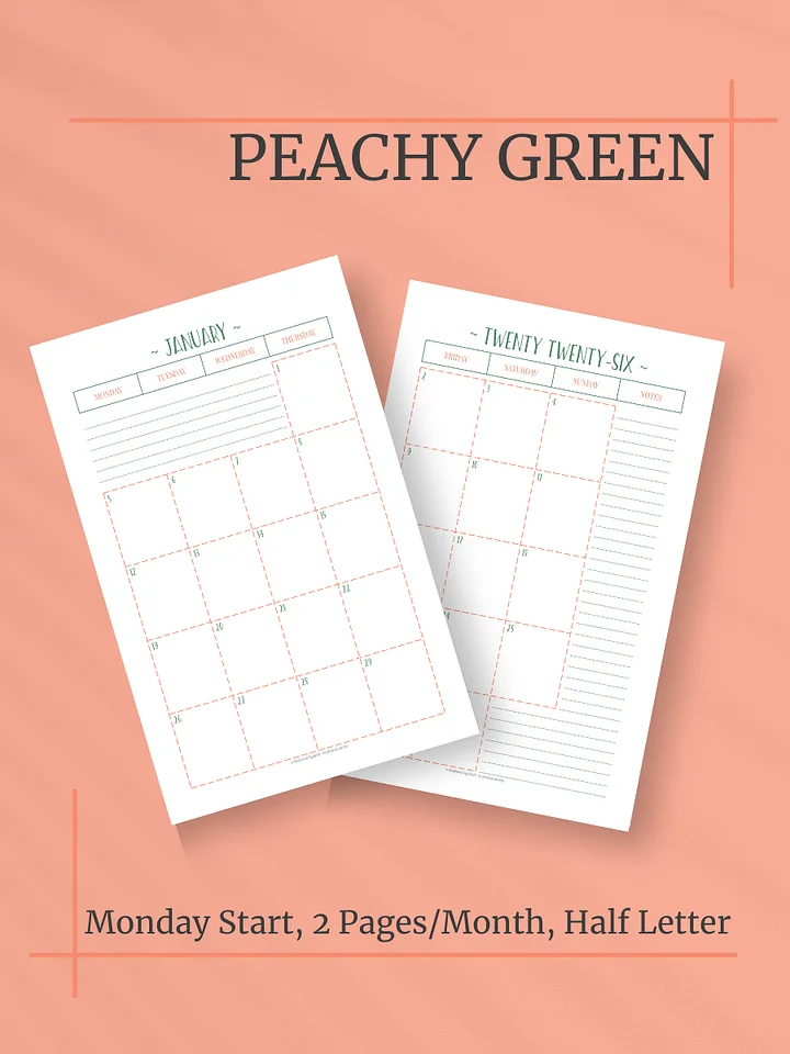 Peachy Green 2026 Calendar - 2 Pages per Month, Monday Start, Half Letter Size product image (1)