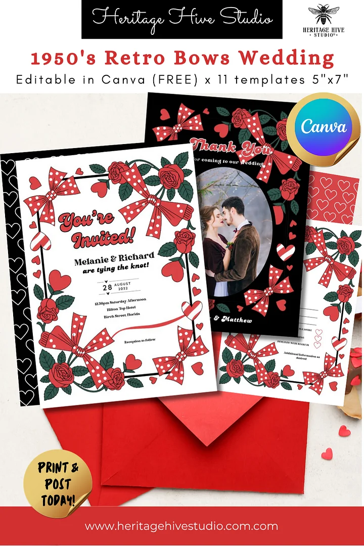 Editable Retro Wedding Invitations | Edit in Canva | Instant Download Template | Roackabilly Red Black Polka Dot Bows product image (1)