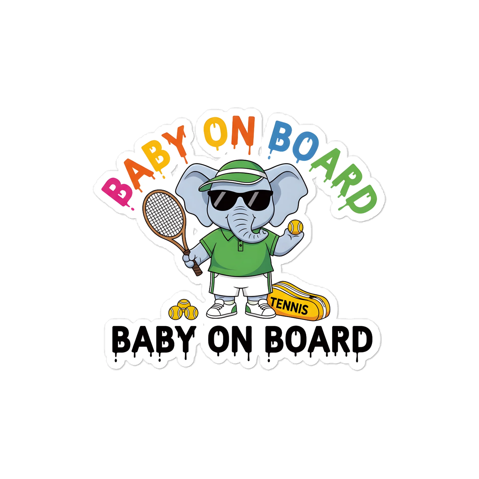 Funny Elephant Tennis Baby on Board Sticker - 5x5 Weatherproof Vinyl Car Decal - Premium Elephant Tennis Court Accessory product image (1)