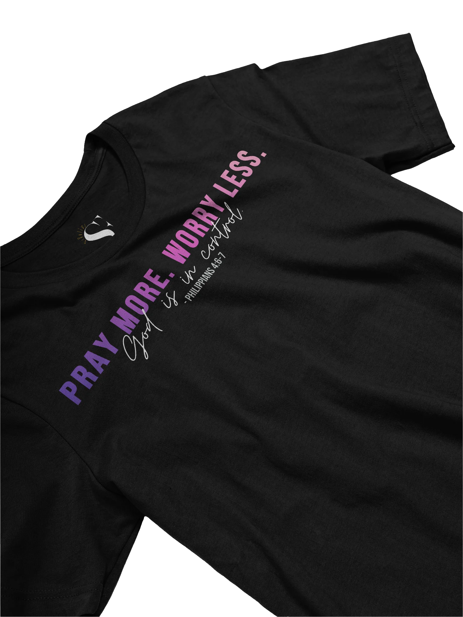 Pray More Worry Less 1.0 Unisex Tee- Dark Colors - Pink Gradient Text product image (4)