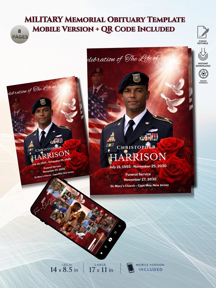 QR Code Military Funeral Program Template with 8-Slide Mobile Tribute & 17x11 Tabloid Canva Layout product image (1)
