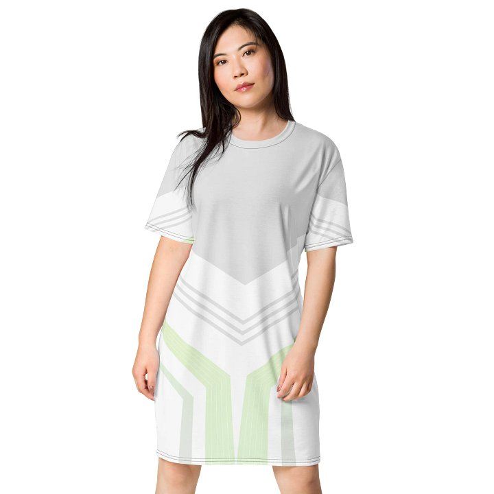 Trendy Geometric Pattern T-Shirt Dress - Light Gray with Green & White Accents - Oversized Fit product image (1)