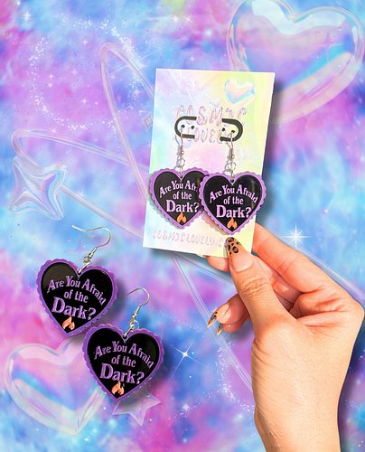 🔥 💜 Are you afraid of the dark? available now! As earrings,
pins, magnets, keychains, phone charms or Stanley toppers!

[are ...